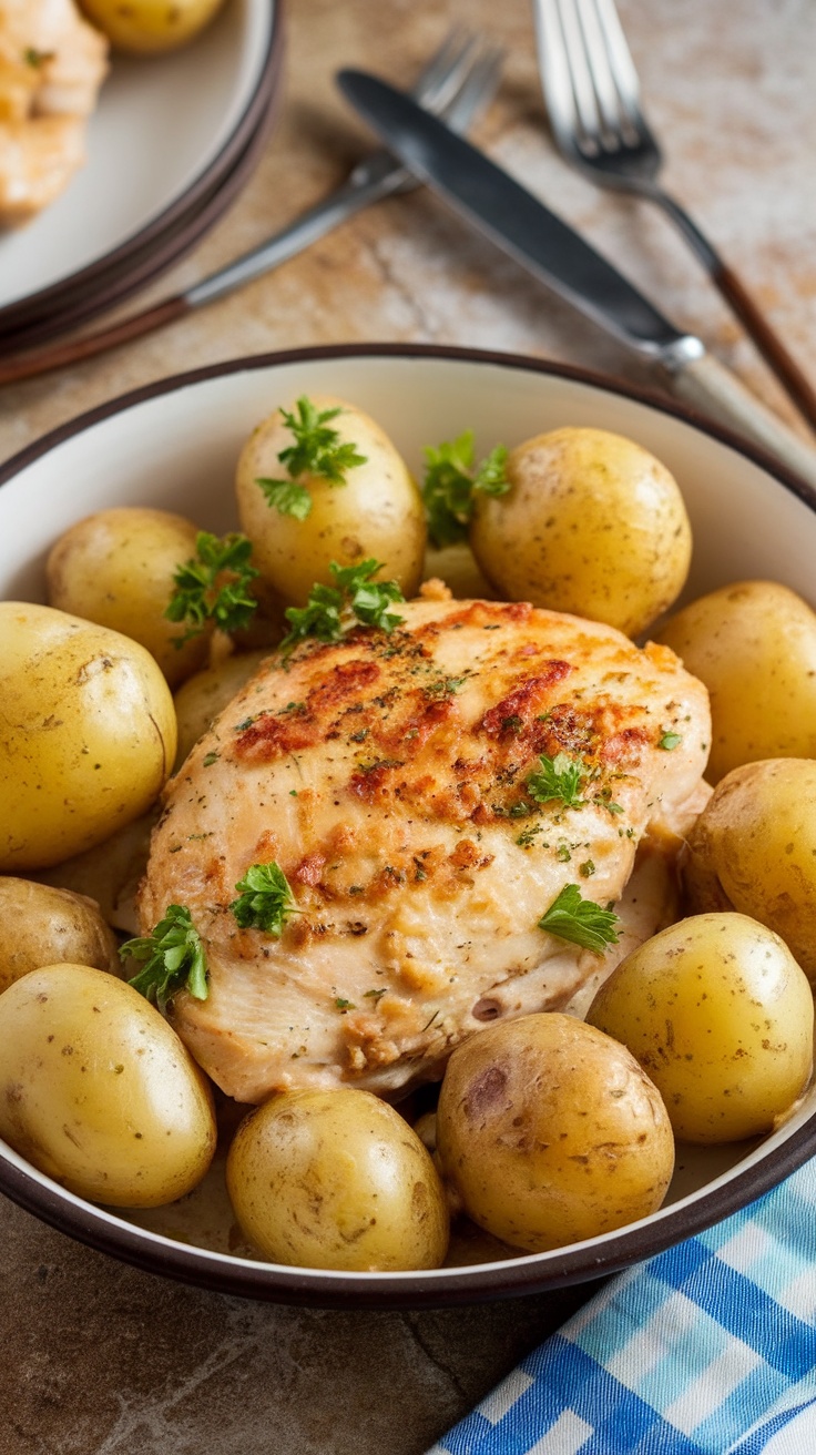 A delicious serving of creamy garlic Parmesan chicken and potatoes garnished with parsley on a rustic kitchen table.